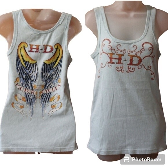 Harley Davidson HD Ink Light Blue Ribbed Tank Top Angel Wings Back Graphic Mediu - Picture 1 of 14
